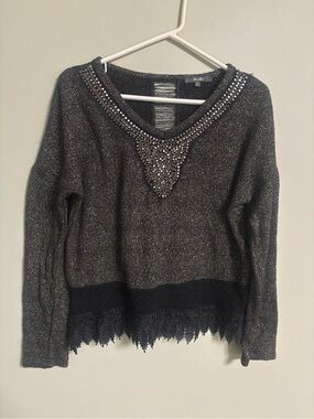 Miss Me Beaded Embellished Lace Trim Top Sweater Size Medium Y2K Glam Boho